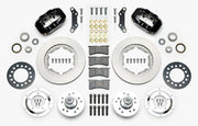 Wilwood black early A-body 11-inch front kit laid out with plain-face rotor rings, aluminum hubs, rotor adapters, bearings, seals, pads and brackets