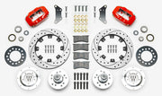 Wilwood red early A-body 12.19-inch front kit laid out with drilled-and-slotted rotor rings, aluminum hubs, rotor adapters, bearings, seals, pads and brackets