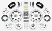 Wilwood black early A-body 12.19-inch front kit laid out with drilled-and-slotted rotor rings, aluminum hubs, rotor adapters, bearings, seals, pads and brackets