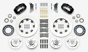 Wilwood black early A-body 12.19-inch front kit laid out with plain-face rotor rings, aluminum hubs, rotor adapters, bearings, seals, pads and brackets