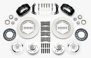 Wilwood black later Mopar 11-inch front kit laid out with plain-face rotor rings, aluminum hubs, rotor adapters, bearings, seals, pads and brackets
