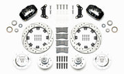 Wilwood black later Mopar 12.19-inch front kit laid out with drilled-and-slotted rotor rings, aluminum hubs, rotor adapters, bearings, seals, pads and brackets
