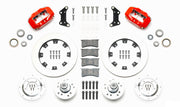 Wilwood red later Mopar 12.19-inch front kit laid out with plain-face rotor rings, aluminum hubs, rotor adapters, bearings, seals, pads and brackets