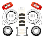Wilwood red Toyota/Lexus front kit laid out with slotted rotor rings, separate hats, braided hoses, calipers, pads and mounting brackets