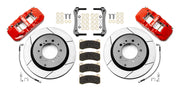 Wilwood red Toyota/Lexus 14.50-inch rear kit laid out with slotted integral parking-hat rotors, braided hoses, pads and brackets