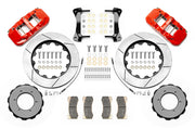Wilwood red Patrol Y61 front kit laid out with slotted rotor rings, separate hats, braided hoses, calipers, pads and mounting brackets