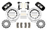 Wilwood black Patrol Y61 front kit laid out with slotted rotor rings, separate hats, braided hoses, calipers, pads and mounting brackets