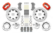 Wilwood red CPP Tri-Five 12.19-inch front kit laid out with drilled-and-slotted rotor rings, aluminum hubs, rotor adapters, bearings, seals, pads and brackets
