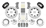 Wilwood black CPP Tri-Five 12.19-inch front kit laid out with drilled-and-slotted rotor rings, aluminum hubs, rotor adapters, bearings, seals, pads and brackets