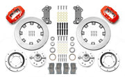 Wilwood red CPP Tri-Five 12.19-inch front kit laid out with plain-face rotor rings, aluminum hubs, rotor adapters, bearings, seals, pads and brackets