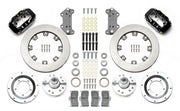 Wilwood black CPP Tri-Five 12.19-inch front kit laid out with plain-face rotor rings, aluminum hubs, rotor adapters, bearings, seals, pads and brackets