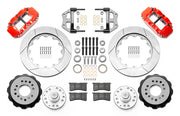 Wilwood red CPP Tri-Five 14-inch Superlite front kit with slotted rotor rings, separate hats, hubs, bearings, seals, pads and mounting brackets