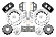 Wilwood black CPP Tri-Five 14-inch AERO6 front kit with drilled-and-slotted rotor rings, separate hats, hubs, bearings, seals, pads and mounting brackets
