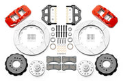 Wilwood red CPP Tri-Five 14-inch AERO6 front kit with slotted rotor rings, separate hats, hubs, bearings, seals, pads and mounting brackets