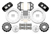 Wilwood black CPP Tri-Five 14-inch AERO6 front kit with slotted rotor rings, separate hats, hubs, bearings, seals, pads and mounting brackets