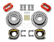 Wilwood red Big Ford 2.36-inch-offset rear kit with drilled-and-slotted parking-hat rotors, internal parking-shoe assemblies, service calipers, pads and brackets