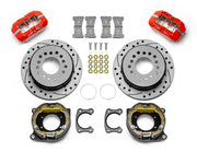 Wilwood red new-style Big Ford 2.50-inch-offset rear kit with drilled-and-slotted parking-hat rotors, internal parking-shoe assemblies, service calipers, pads and brackets