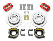 Wilwood red new-style Big Ford 2.50-inch-offset rear kit with plain-face parking-hat rotors, internal parking-shoe assemblies, service calipers, pads and brackets