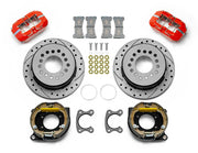 Wilwood red Small Ford 2.66-inch-offset rear kit with drilled-and-slotted parking-hat rotors, internal parking-shoe assemblies, service calipers, pads and brackets