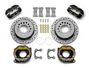 Wilwood black Small Ford 2.66-inch-offset rear kit with drilled-and-slotted parking-hat rotors, internal parking-shoe assemblies, service calipers, pads and brackets