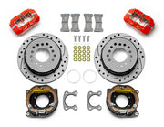 Wilwood red Small Ford 2.50-inch-offset rear kit with drilled-and-slotted parking-hat rotors, internal parking-shoe assemblies, service calipers, pads and brackets