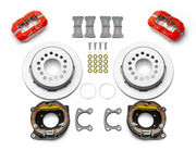 Wilwood red Small Ford 2.50-inch-offset rear kit with plain-face parking-hat rotors, internal parking-shoe assemblies, service calipers, pads and brackets
