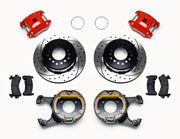 Wilwood red GM 12-bolt forward-caliper rear kit with drilled-and-slotted parking-hat rotors, internal parking-shoe assemblies, service calipers, pads and brackets