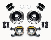Wilwood black GM 12-bolt forward-caliper rear kit with drilled-and-slotted parking-hat rotors, internal parking-shoe assemblies, service calipers, pads and brackets