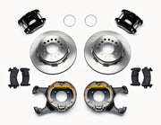Wilwood black GM 12-bolt forward-caliper rear kit with plain-face parking-hat rotors, internal parking-shoe assemblies, service calipers, pads and brackets