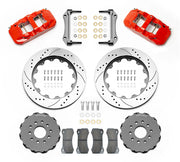 Wilwood red Corvette/XLR or specified Ridetech hub-spindle front kit laid out with drilled-and-slotted rotor rings, separate hats, calipers, pads and mounting brackets