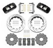 Wilwood black Corvette/XLR or specified Ridetech hub-spindle front kit laid out with drilled-and-slotted rotor rings, separate hats, calipers, pads and mounting brackets