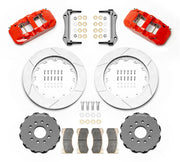 Wilwood red Corvette/XLR or specified Ridetech hub-spindle front kit laid out with slotted rotor rings, separate hats, calipers, pads and mounting brackets