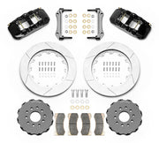 Wilwood black Corvette/XLR or specified Ridetech hub-spindle front kit laid out with slotted rotor rings, separate hats, calipers, pads and mounting brackets