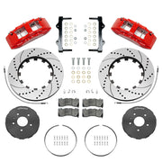 Wilwood red Corvette C7 front package with drilled-and-slotted dynamic lug-drive rotor rings, gray hats, retaining hardware, pads and brackets