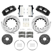 Wilwood black Corvette C7 front package with drilled-and-slotted dynamic lug-drive rotor rings, gray hats, retaining hardware, pads and brackets