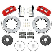 Wilwood red Corvette C7 front package with slotted dynamic lug-drive rotor rings, gray hats, retaining hardware, pads and brackets