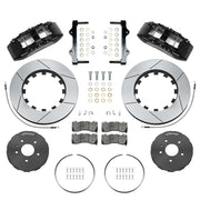 Wilwood black Corvette C7 front package with slotted dynamic lug-drive rotor rings, gray hats, retaining hardware, pads and brackets