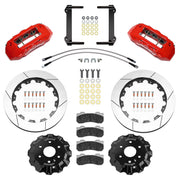 Wilwood red GM 1500 truck/full-size SUV front kit laid out with slotted rotor rings, separate hats, braided hoses, calipers, pads and mounting brackets