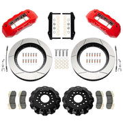 Wilwood TX6R front brake kit, Ram 1500 RWD, 16-inch GT rotors: Parts layout with two red TX6R calipers, gt slotted rotor rings, separate black hats, pads, brackets and fasteners.
