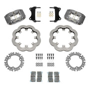 Wilwood Dynapro Radial front brake kit, sprint racing, 11.75-inch slotted rotors: Parts layout with two gray anodized Dynapro calipers, scalloped slotted rotor rings, separate circular adapters, brackets, pads and fasteners.