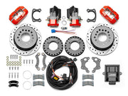 Wilwood Dynapro LP rear brake kit, Big Ford new-style 2.50-inch offset, 11-inch SRP rotors: Parts layout with two red service calipers, two motor-driven parking calipers, drilled & slotted rotor assemblies, mounting plates, pads, coiled harness, controller and fasteners.