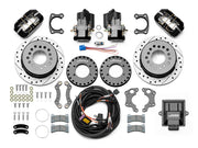 Wilwood Dynapro LP rear brake kit, Big Ford new-style 2.50-inch offset, 11-inch SRP rotors: Parts layout with two black service calipers, two motor-driven parking calipers, drilled & slotted rotor assemblies, mounting plates, pads, coiled harness, controller and fasteners.
