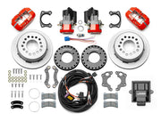 Wilwood Dynapro LP rear brake kit, Big Ford new-style 2.50-inch offset, 11-inch plain rotors: Parts layout with two red service calipers, two motor-driven parking calipers, plain face rotor assemblies, mounting plates, pads, coiled harness, controller and fasteners.