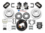 Wilwood Dynapro LP rear brake kit, Big Ford new-style 2.50-inch offset, 11-inch plain rotors: Parts layout with two black service calipers, two motor-driven parking calipers, plain face rotor assemblies, mounting plates, pads, coiled harness, controller and fasteners.