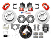 Wilwood Dynalite rear brake kit, Big Ford new-style 2.50-inch offset, 12.19-inch plain rotors: Parts layout with two red service calipers, two motor-driven parking calipers, plain face rotor assemblies, mounting plates, pads, coiled harness, controller and fasteners.
