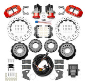 Wilwood Superlite 4R rear brake kit, Big Ford new-style 2.50-inch offset, 12.88-inch SRP rotors: Parts layout with two red service calipers, two motor-driven parking calipers, drilled & slotted rotor assemblies, mounting plates, pads, coiled harness, controller and fasteners.