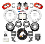 Wilwood Superlite 4R rear brake kit, Big Ford new-style 2.50-inch offset, 12.88-inch GT rotors: Parts layout with two red service calipers, two motor-driven parking calipers, gt slotted rotor assemblies, mounting plates, pads, coiled harness, controller and fasteners.