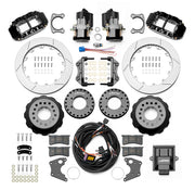 Wilwood Superlite 4R rear brake kit, Big Ford new-style 2.50-inch offset, 12.88-inch GT rotors: Parts layout with two black service calipers, two motor-driven parking calipers, gt slotted rotor assemblies, mounting plates, pads, coiled harness, controller and fasteners.