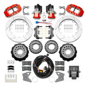 Wilwood Superlite 4R rear brake kit, Big Ford new-style 2.50-inch offset, 14-inch GT rotors: Parts layout with two red service calipers, two motor-driven parking calipers, gt slotted rotor assemblies, mounting plates, pads, coiled harness, controller and fasteners.