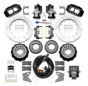 Wilwood Superlite 4R rear brake kit, Big Ford new-style 2.50-inch offset, 14-inch GT rotors: Parts layout with two black service calipers, two motor-driven parking calipers, gt slotted rotor assemblies, mounting plates, pads, coiled harness, controller and fasteners.